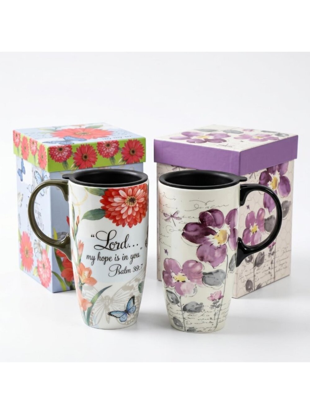 Floral Ceramic Travel Mugs Set of 2, 17oz Coffee Cups with Lids, Perfect Gift